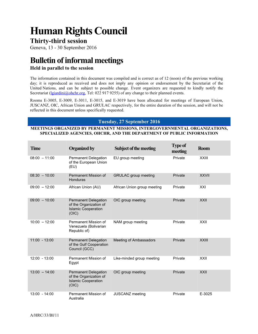 Bulletin of Informal Meetings, Tuesday 27 September 2016