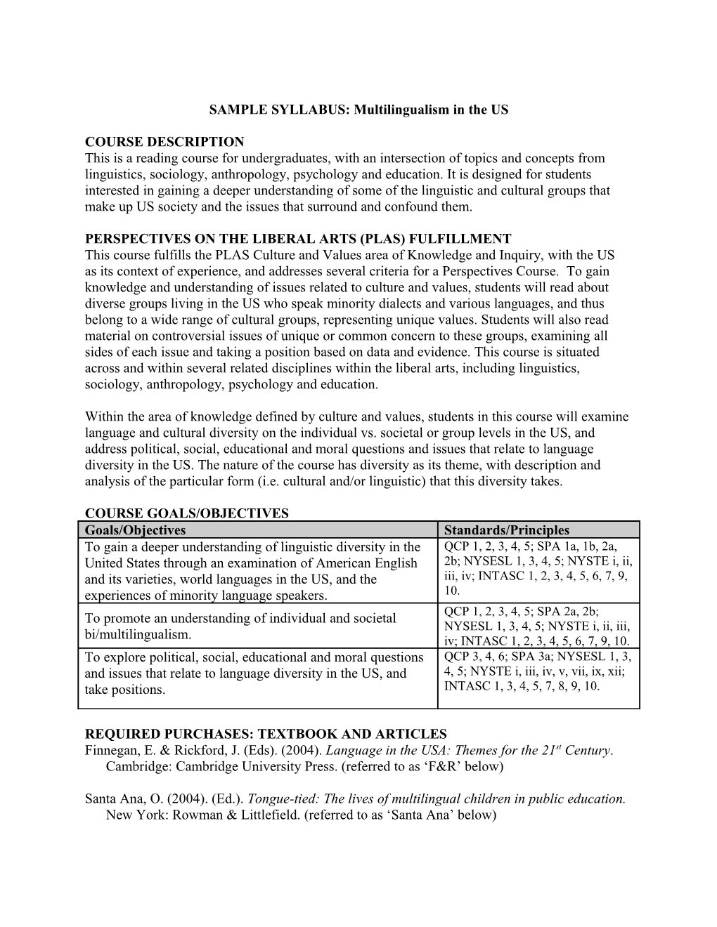 SAMPLE SYLLABUS: Multilingualism in the US
