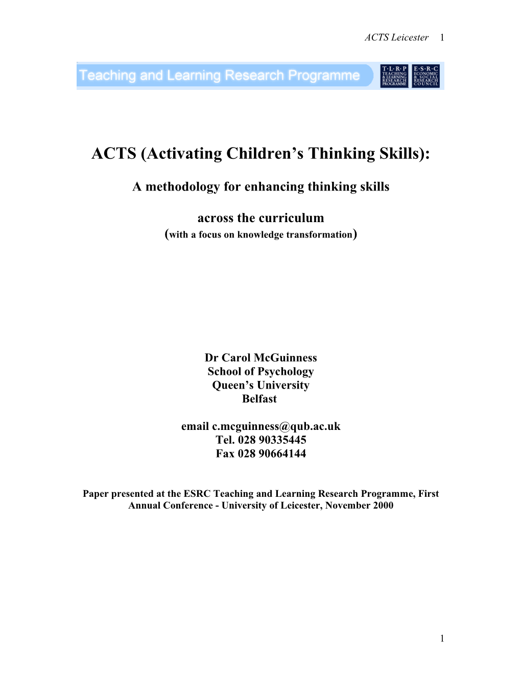 ACTS (Activating Children S Thinking Skills)