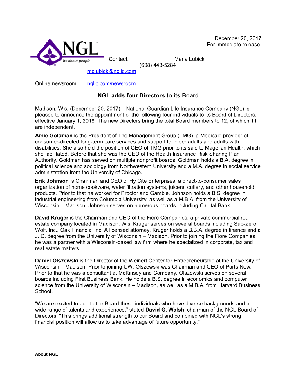 NGL Adds Four Directors to Its Board