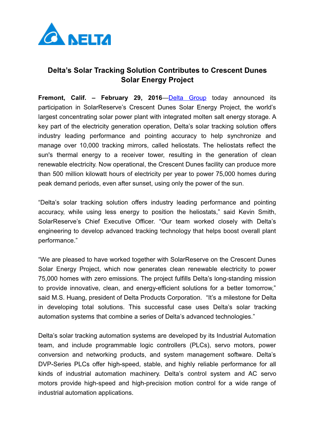 Delta Ssolar Tracking Solutioncontributes to Crescent Dunes Solar Energy Project