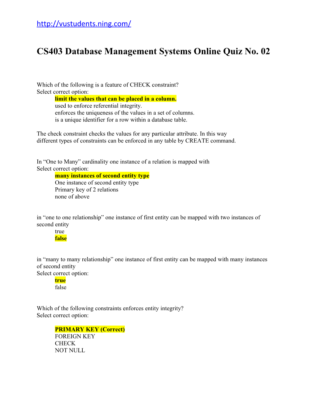 CS403 Database Management Systems Online Quiz No. 02