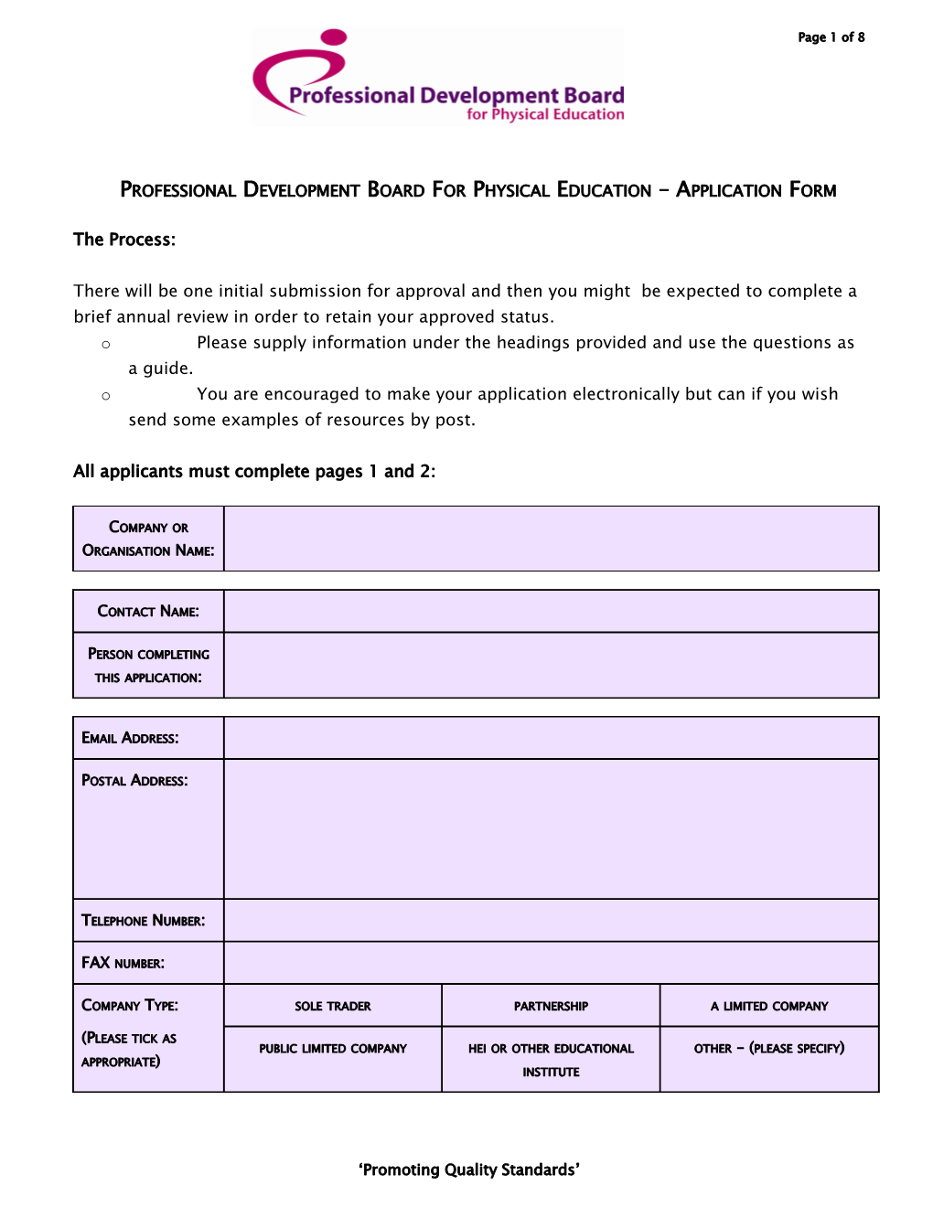 Professional Development Board for Physical Education Application Form