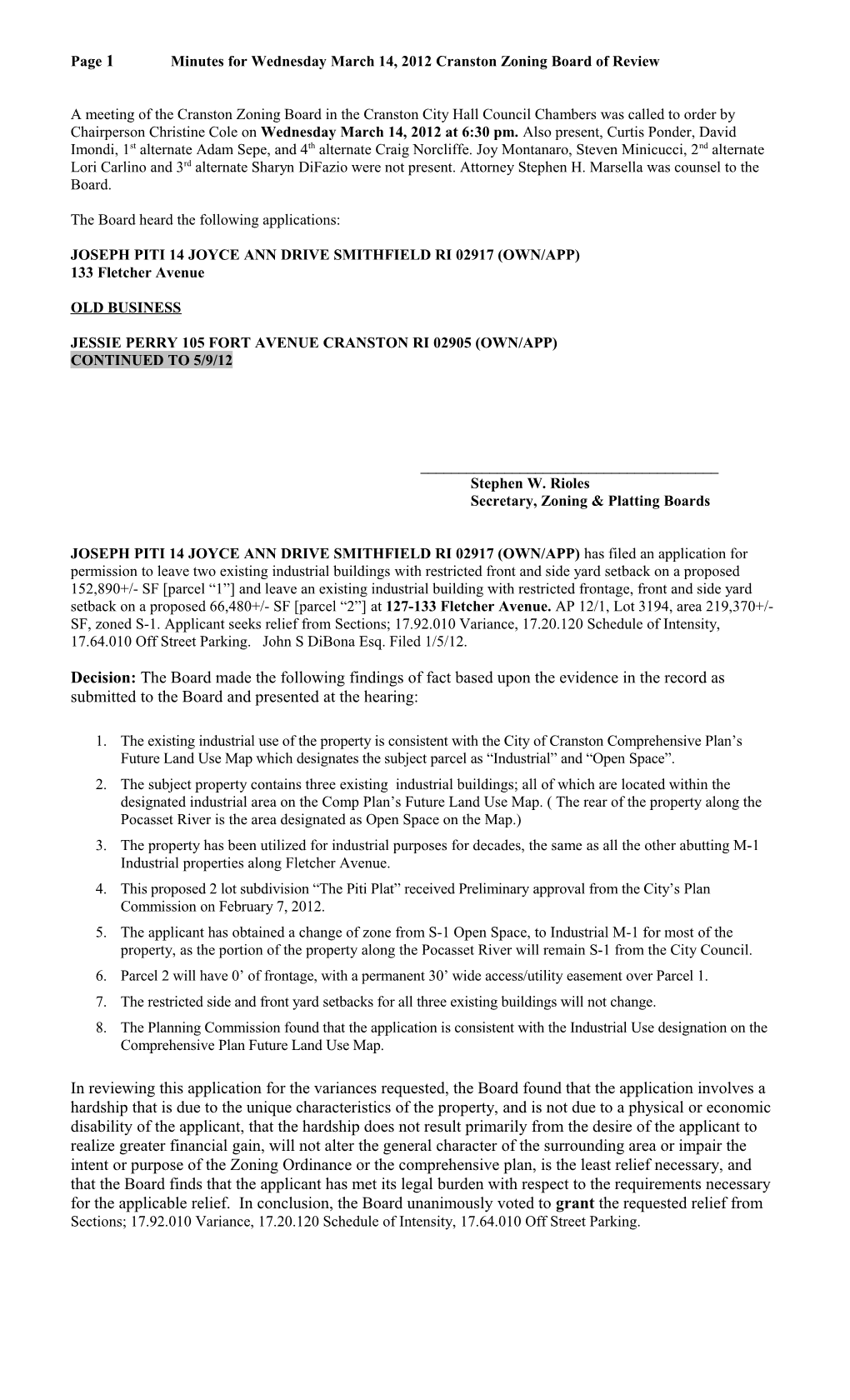 Page 1Minutes for Wednesday March 14, 2012Cranston Zoning Board of Review