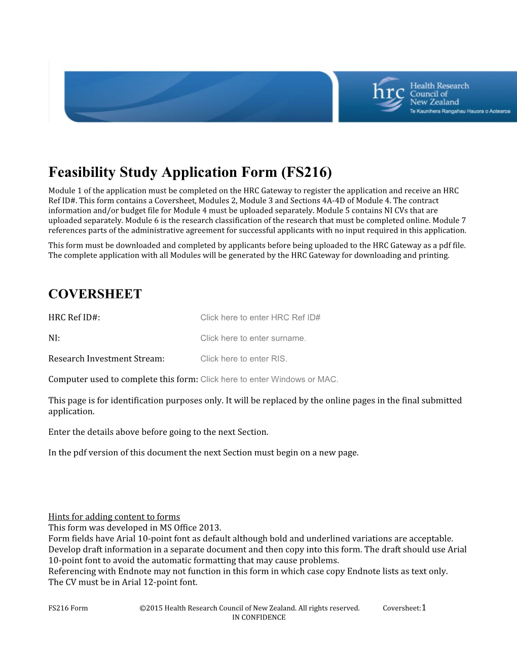 Feasibility Study Application Form (FS216)