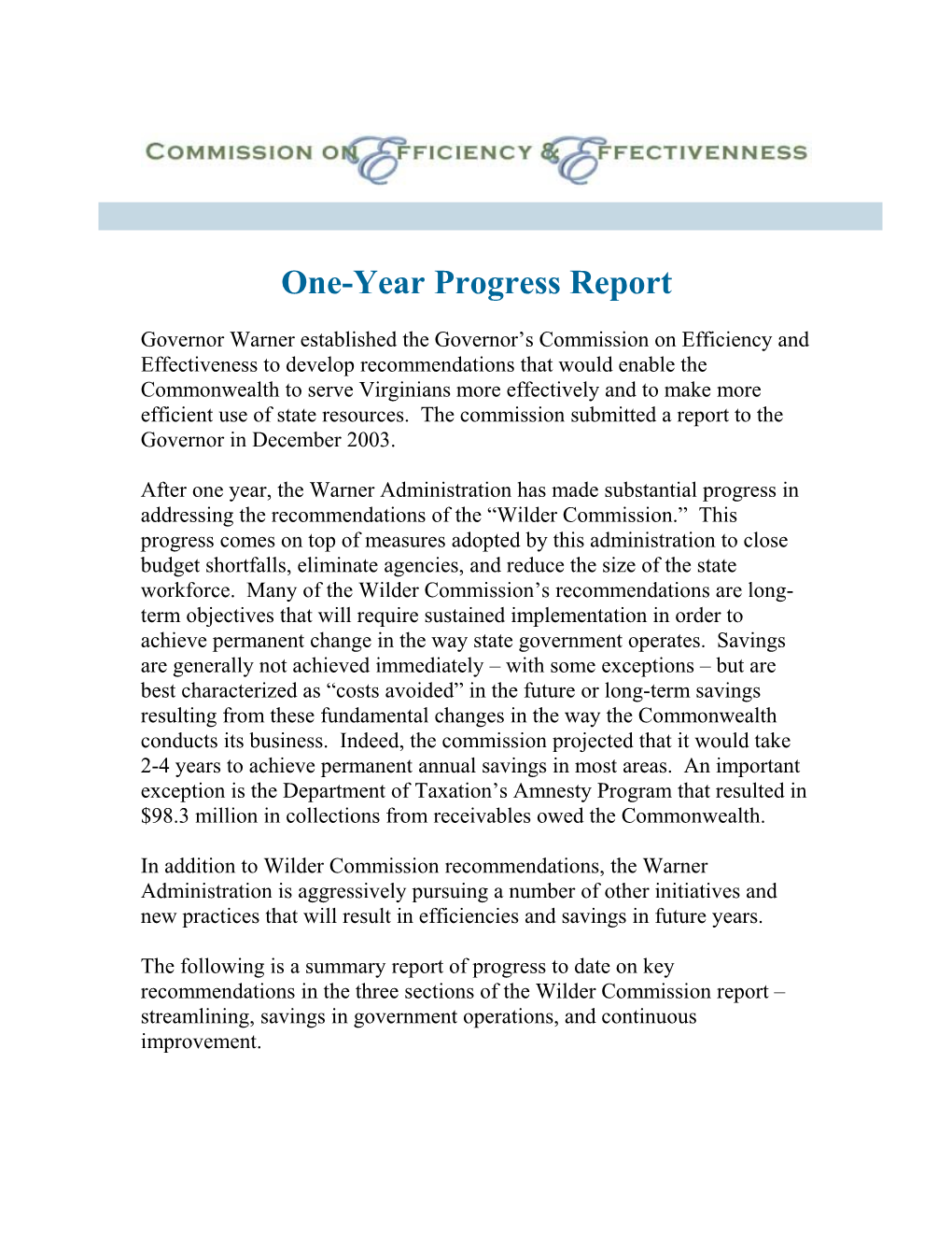 One-Year Progress Report
