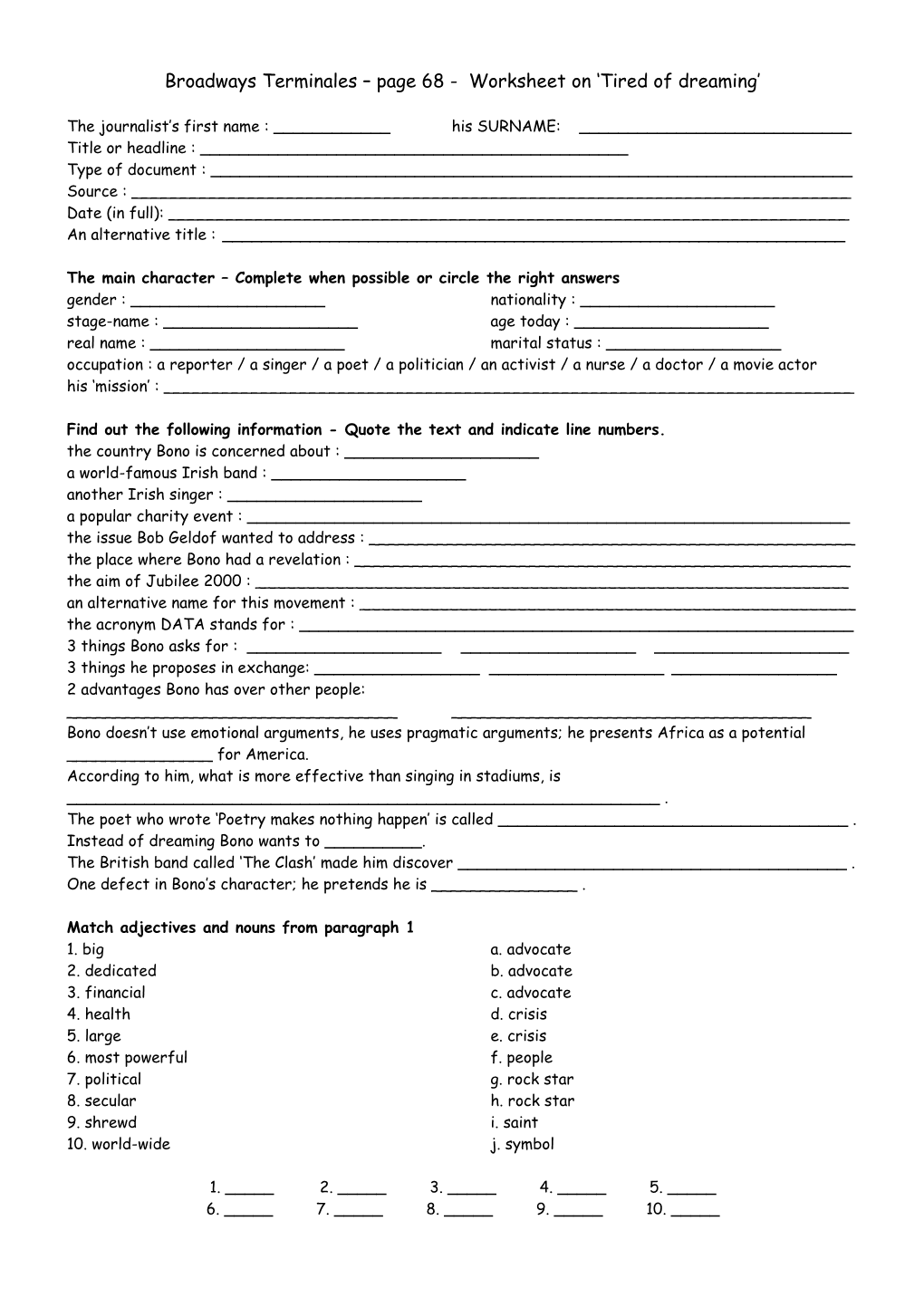 Broadways Terminales Page 68 - Worksheet on Tired of Dreaming