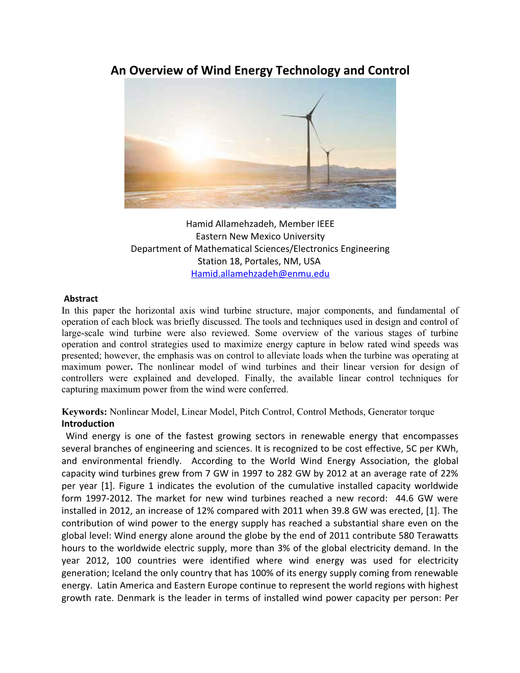 An Overview of Wind Energy Technology and Control