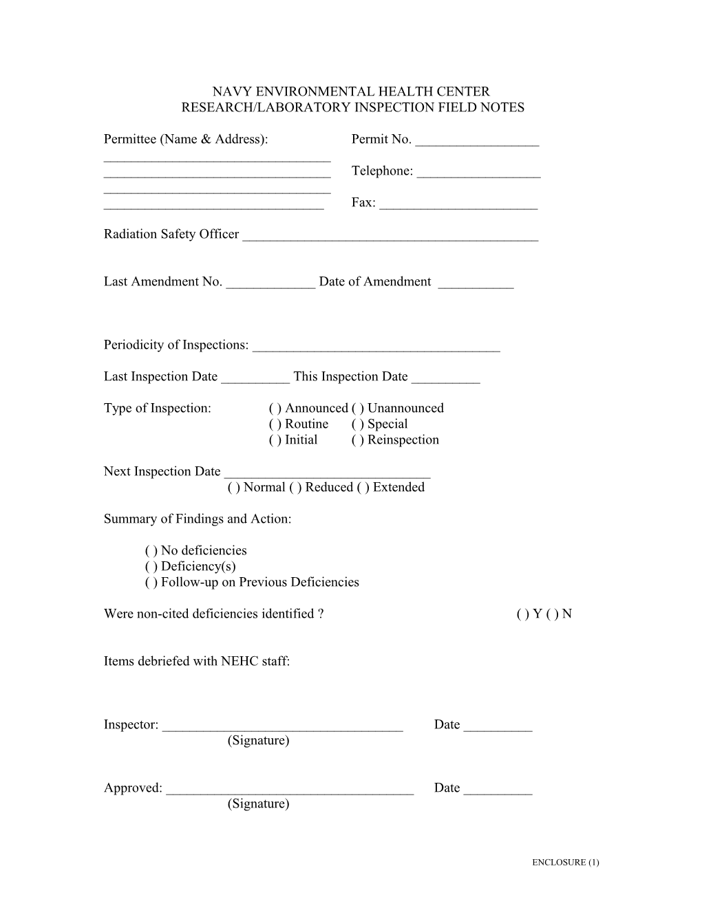 Navy Environmental Health Center Research/Laboratory Inspection Field Notes