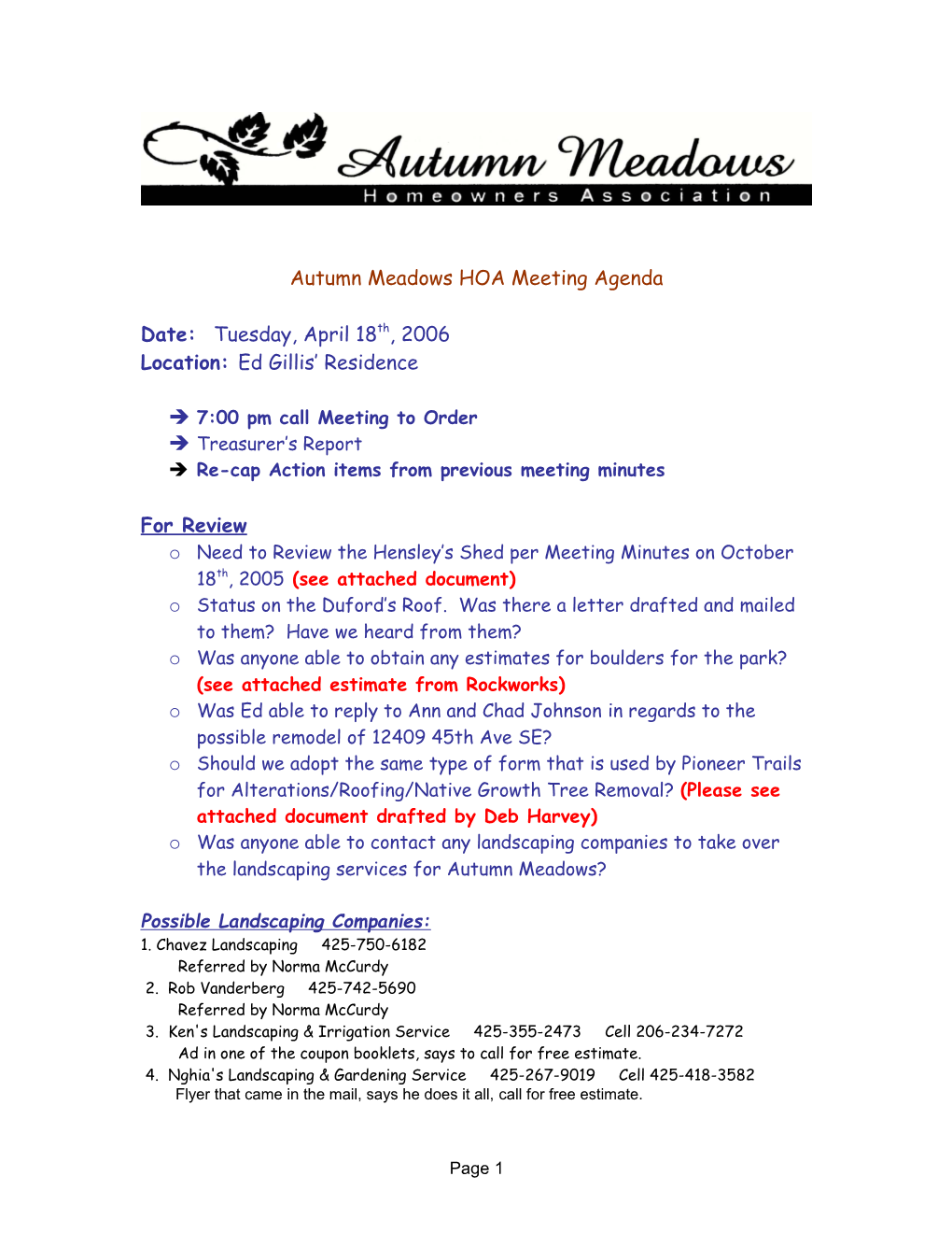 Autumn Meadows HOA Meeting Agenda