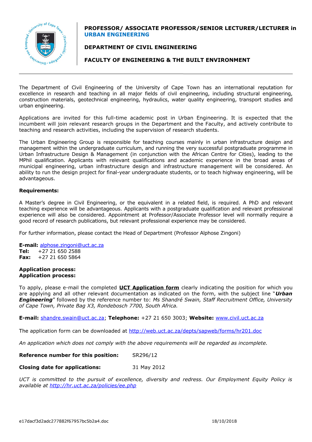 The Department of Civil Engineering of the University of Cape Town Invites Applications
