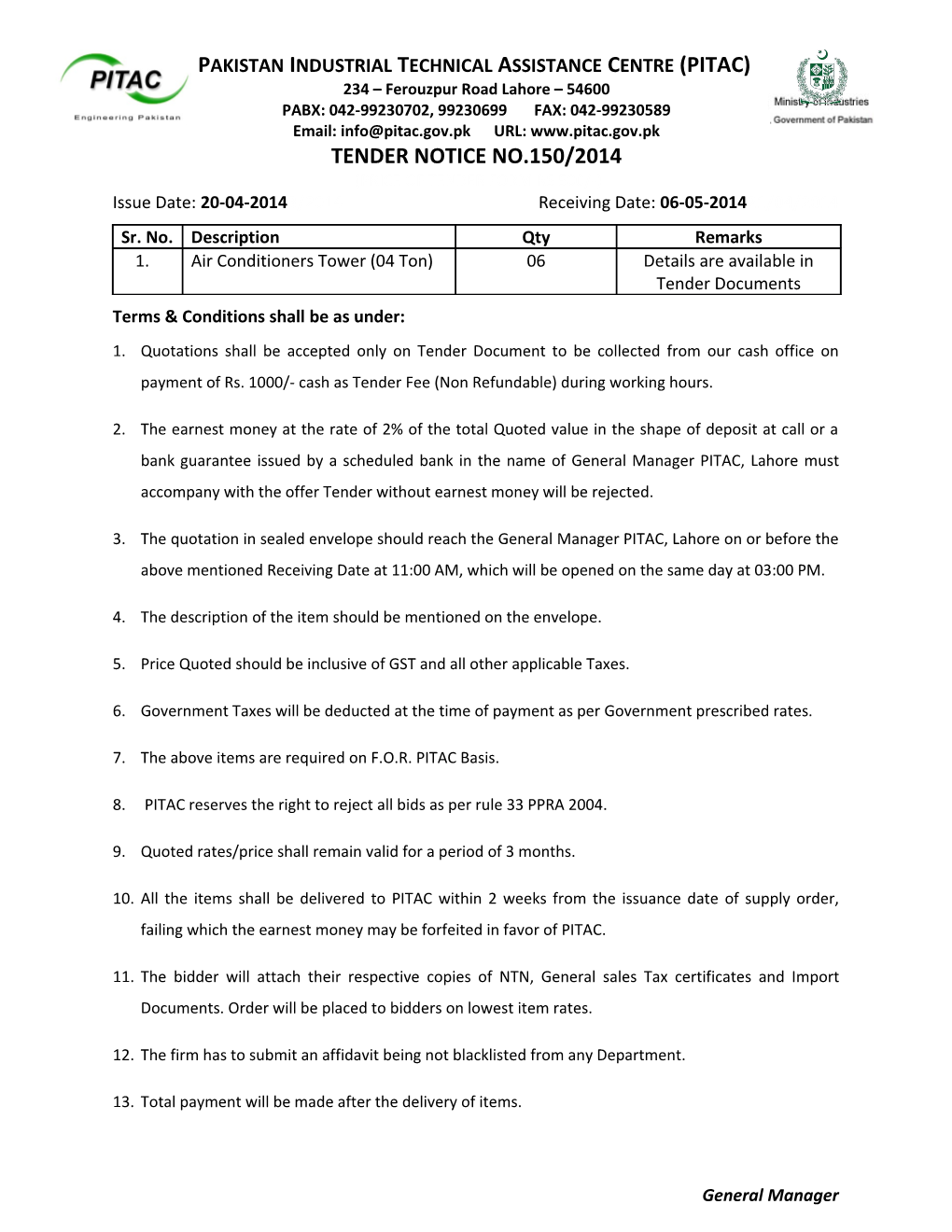 Tender Notice No.150/2014