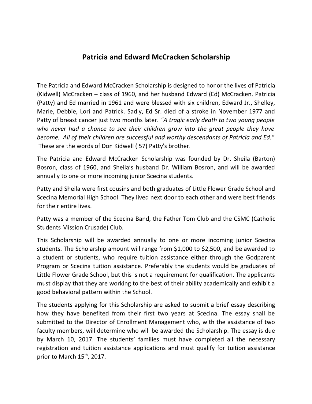 Patricia and Edward Mccracken Scholarship