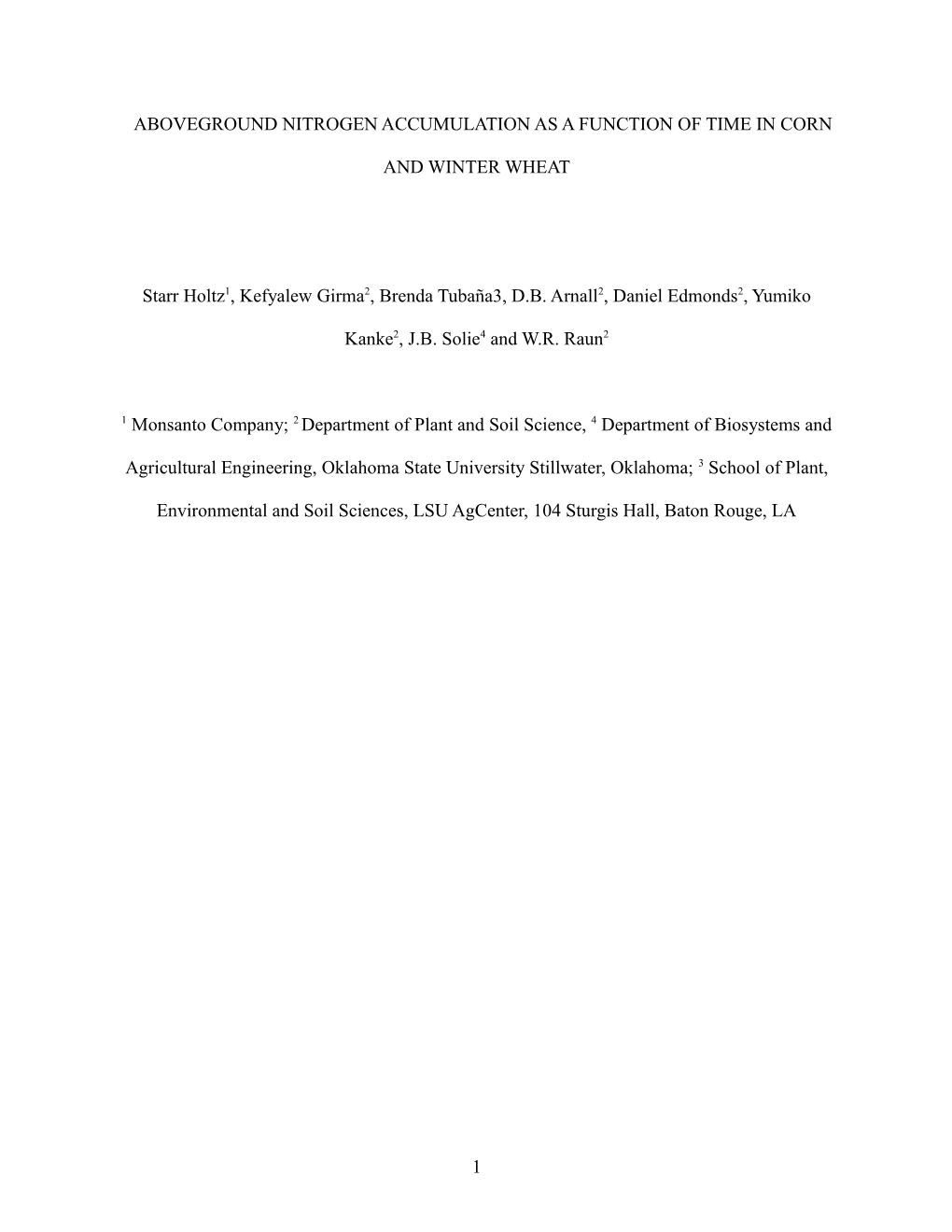 Above-Ground Nitrogen Accumulation As a Function of Time in Corn and Winter Wheat