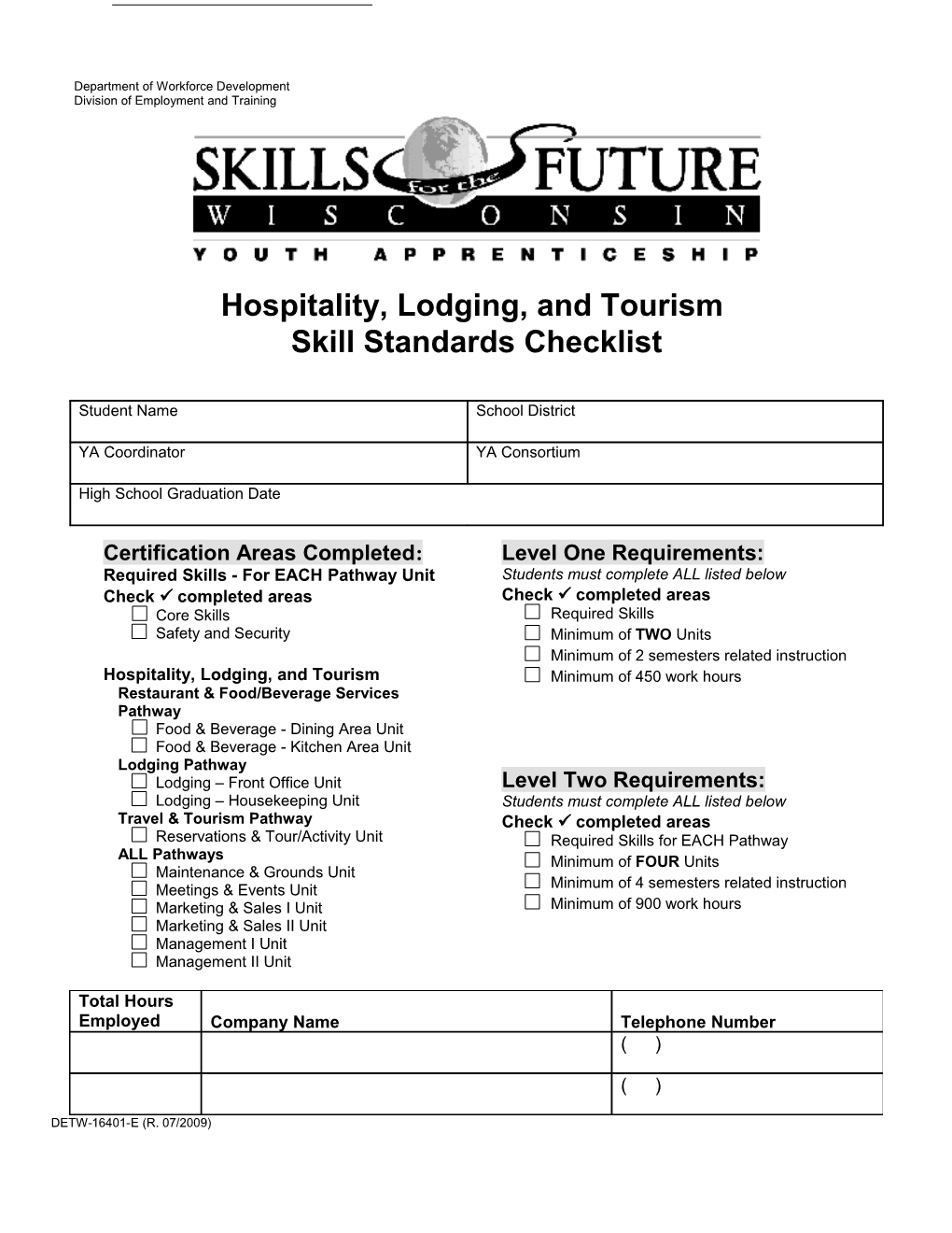 DETW-16401-E, Hospitality, Lodging & Tourism Skill Standards Checklist