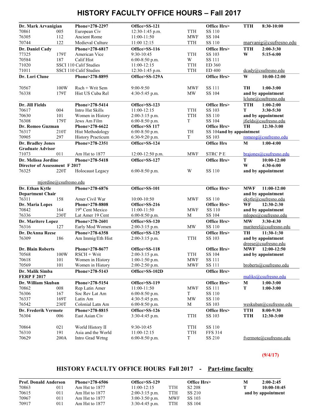 HISTORY FACULTY OFFICE HOURS Fall 2017