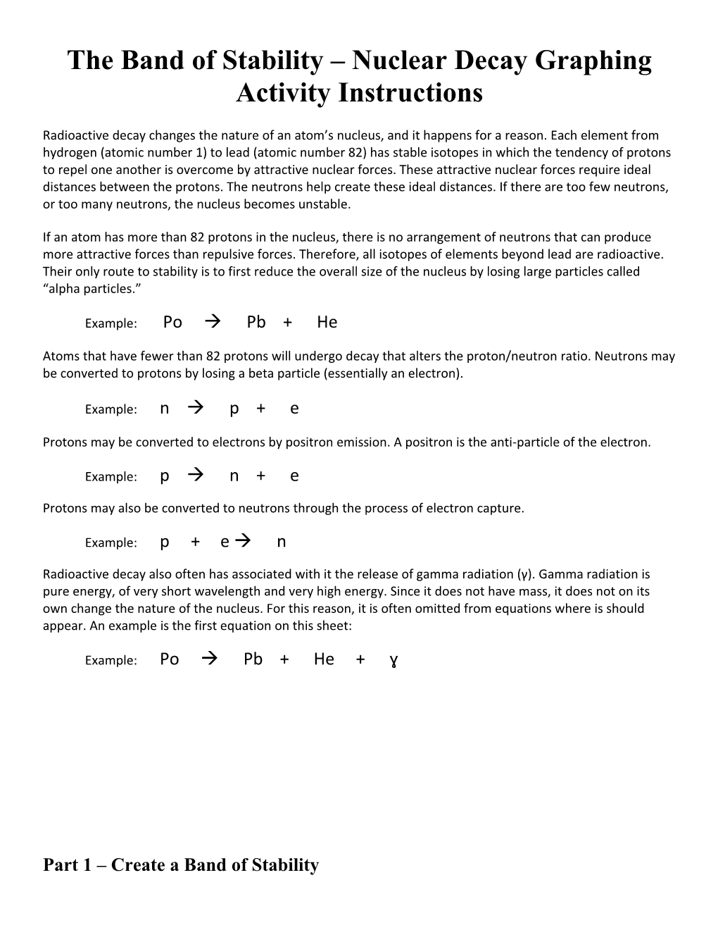 The Band of Stability Nuclear Decay Graphing Activity Instructions