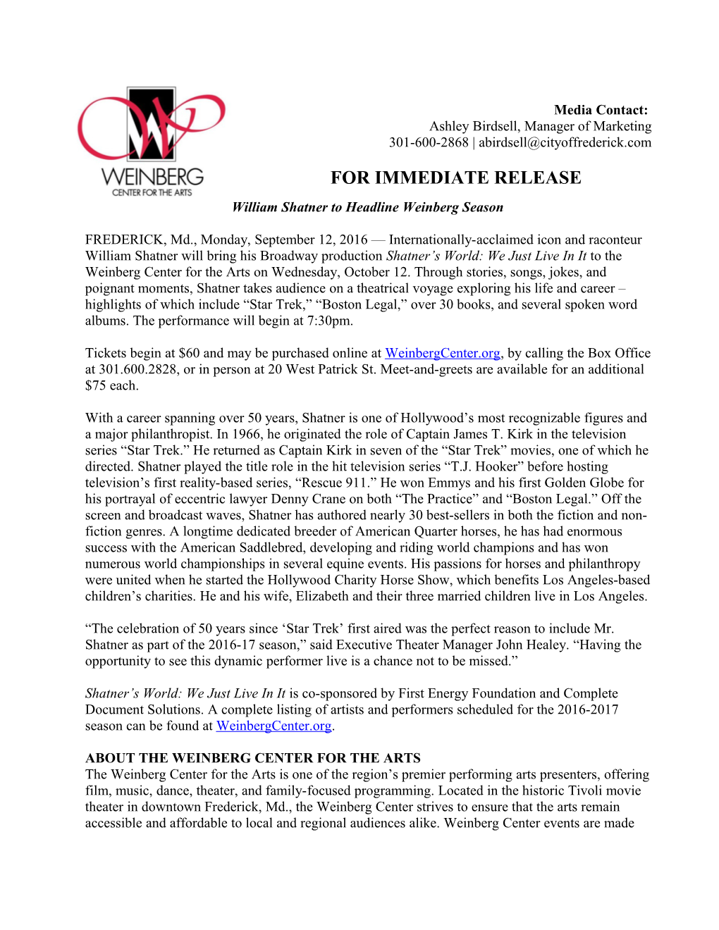 William Shatner to Headline Weinberg Season