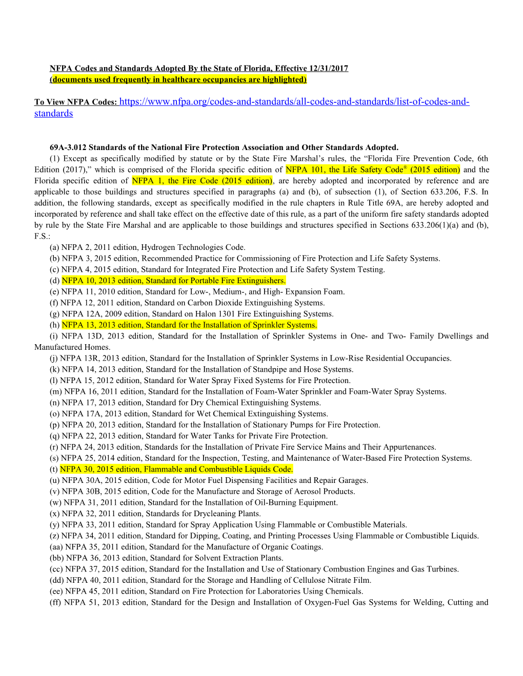 NFPA Codes and Standards Adopted by the State of Florida, Effective 12/31/2017