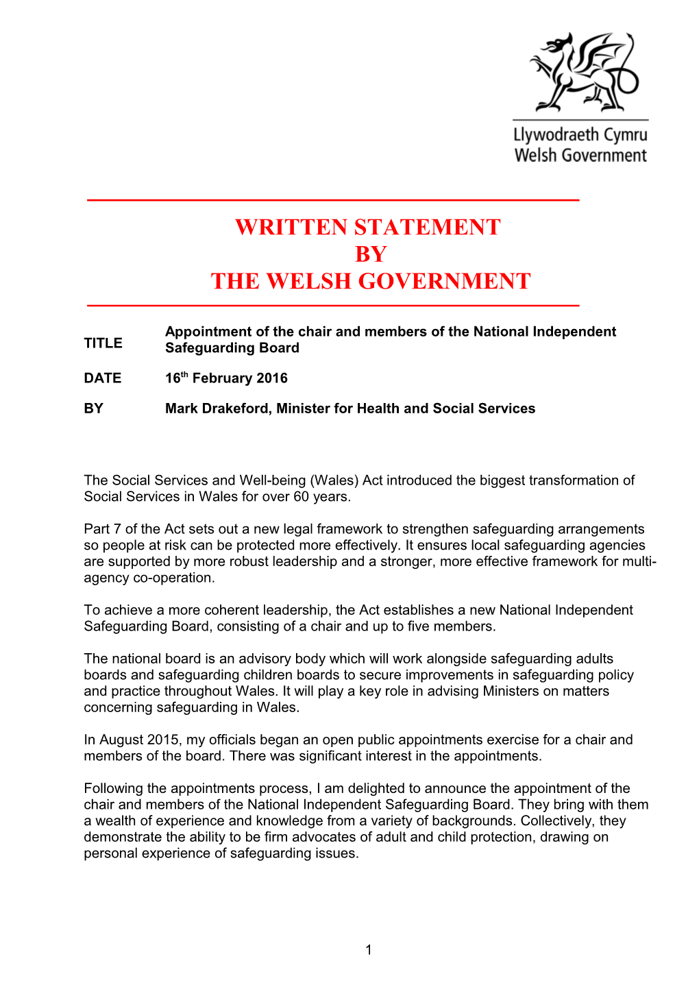 Appointment of the Chair and Members of the National Independent Safeguarding Board