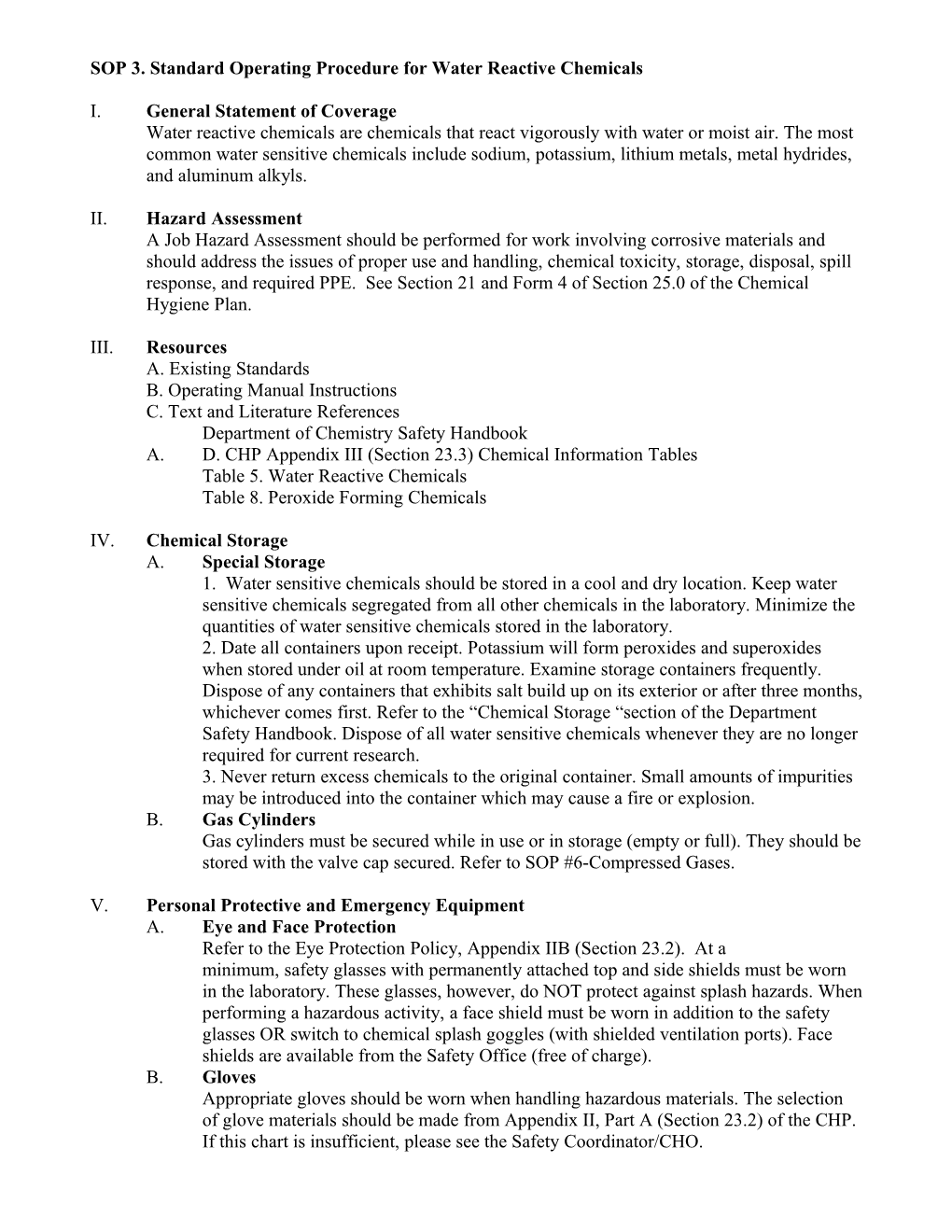 SOP 3. Standard Operating Procedure for Water Reactive Chemicals