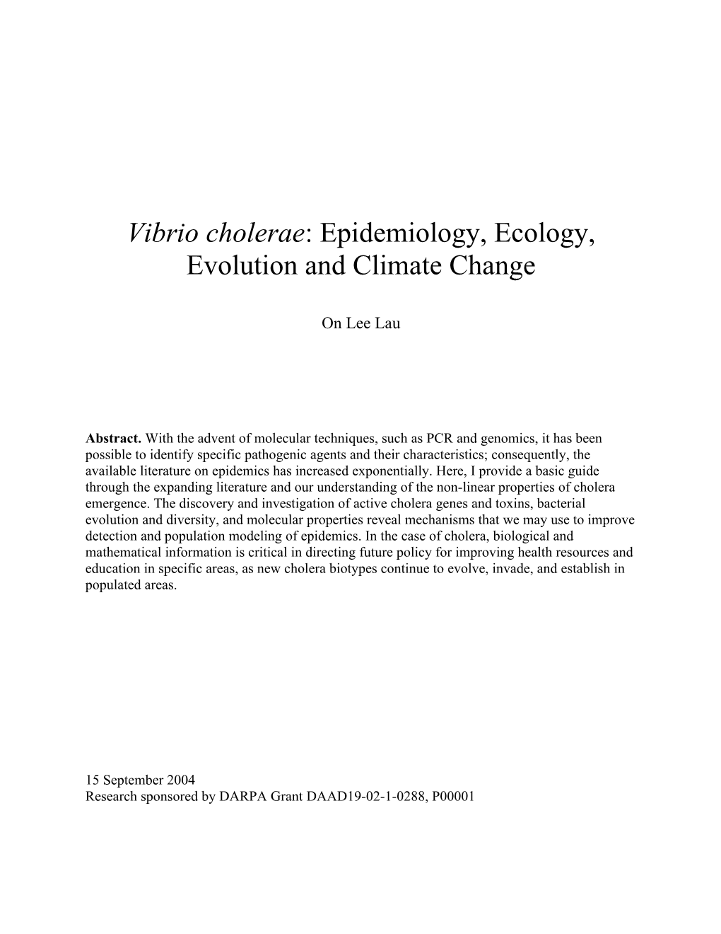 Vibrio Cholerae: Ecology, Evolution and Climate Change