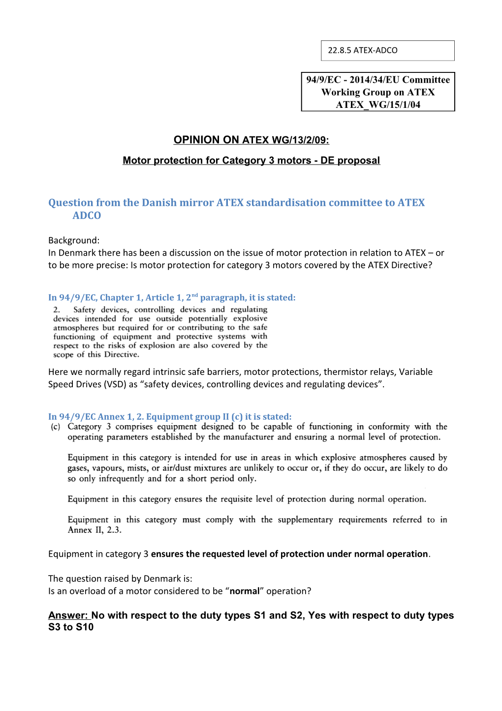ATEX WG/15/1/04 - Motor Protection for Category 3 Motors - DE Proposal