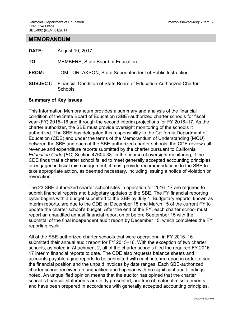 August 2017 Memo SSB CSD Item 02 - Information Memorandum (CA State Board of Education)