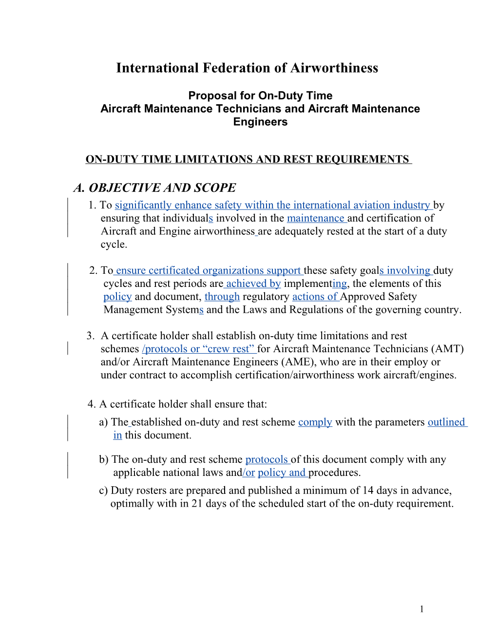 International Federation of Airworthiness Proposal for On-Duty Time Aircraft Maintenance