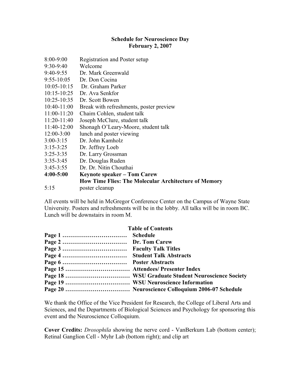 Schedule for Neuroscience Day