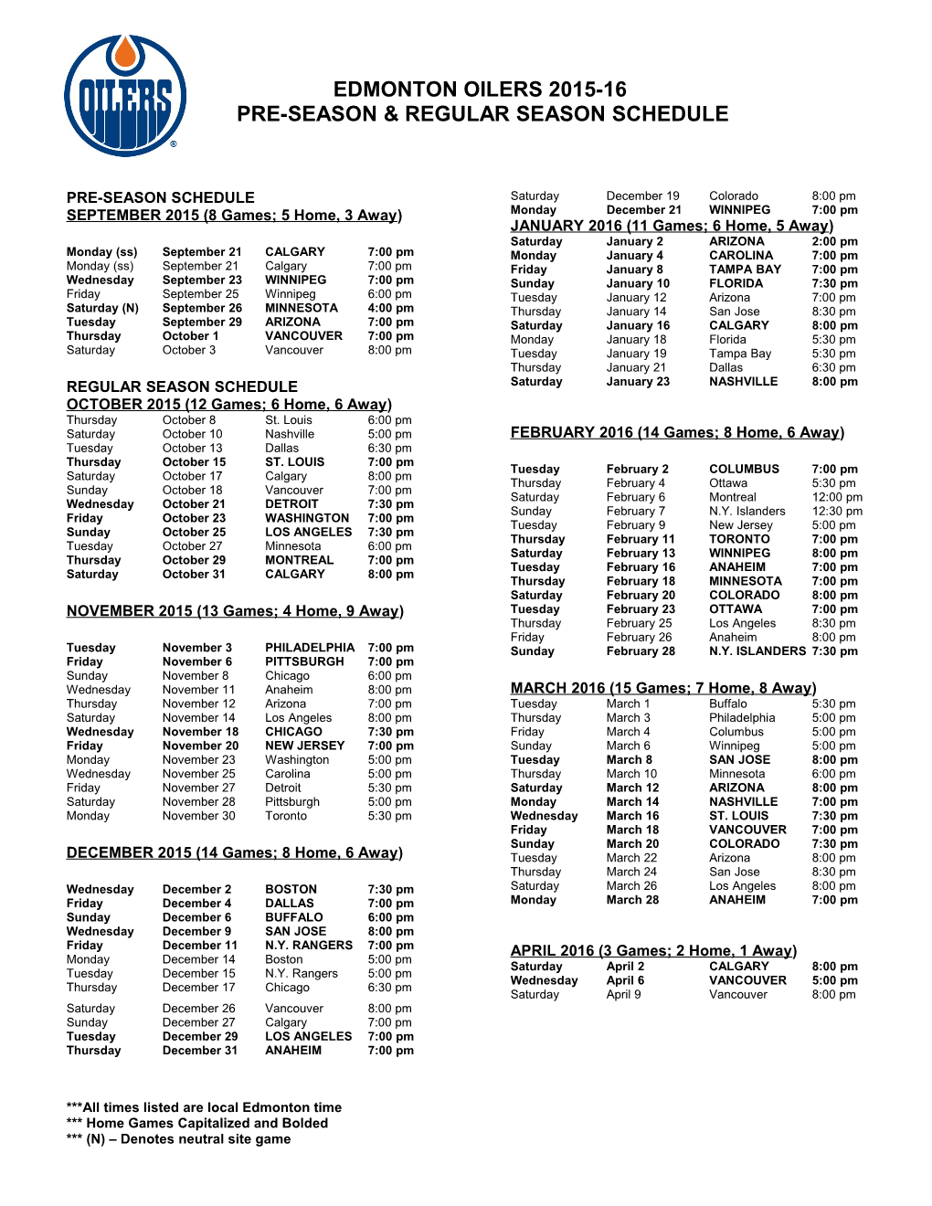 Edmonton Oilers 2001-02 Nhl Schedule