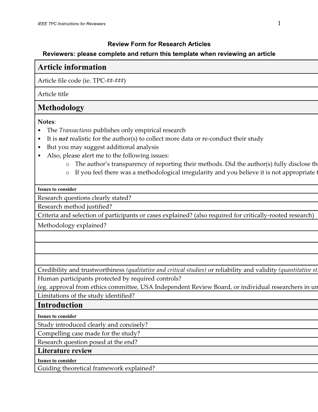 Review Form for Research Articles