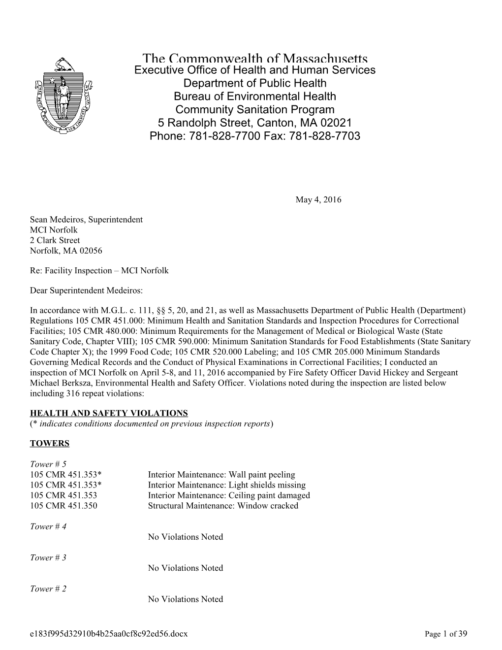 Facility Inspection MCI Norfolk - April 5, 2016