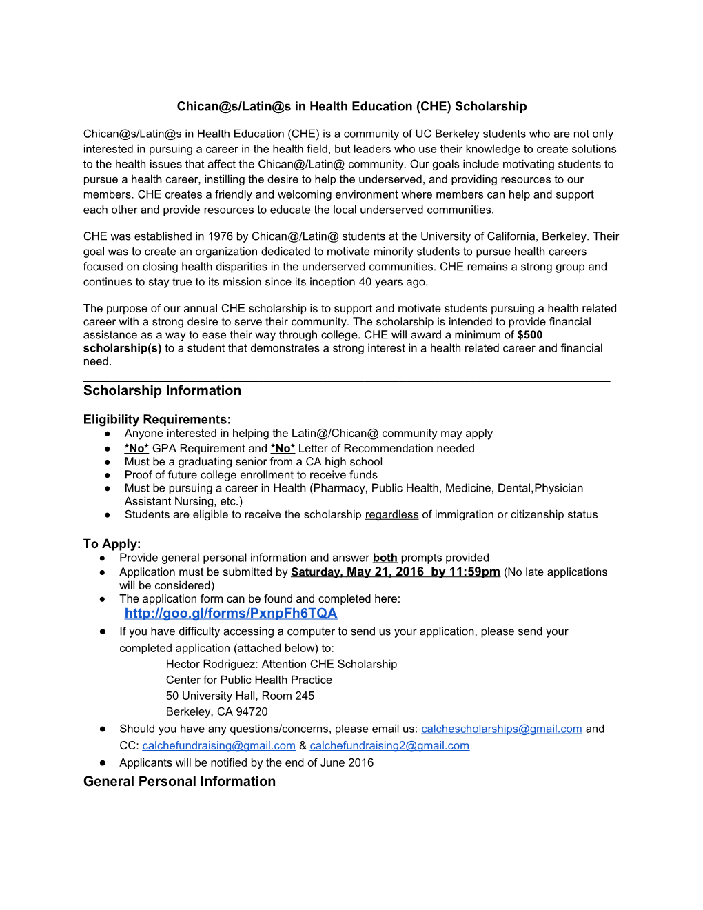 Chican S/Latin S in Health Education (CHE) Scholarship