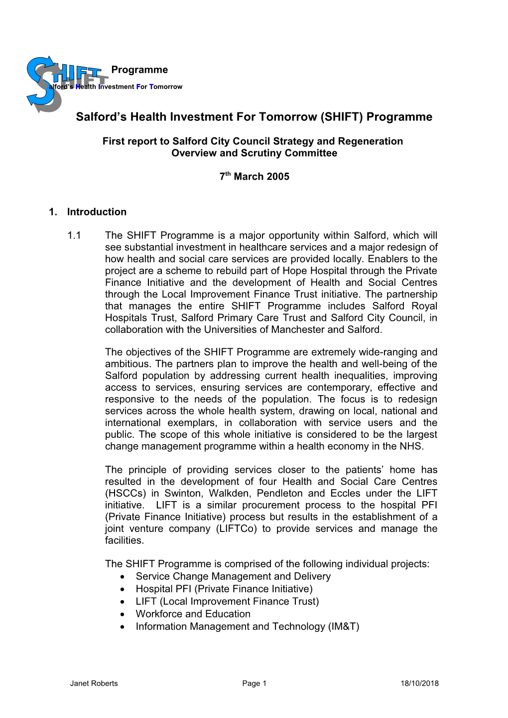 Salford S Health Investment for Tomorrow (SHIFT) Programme