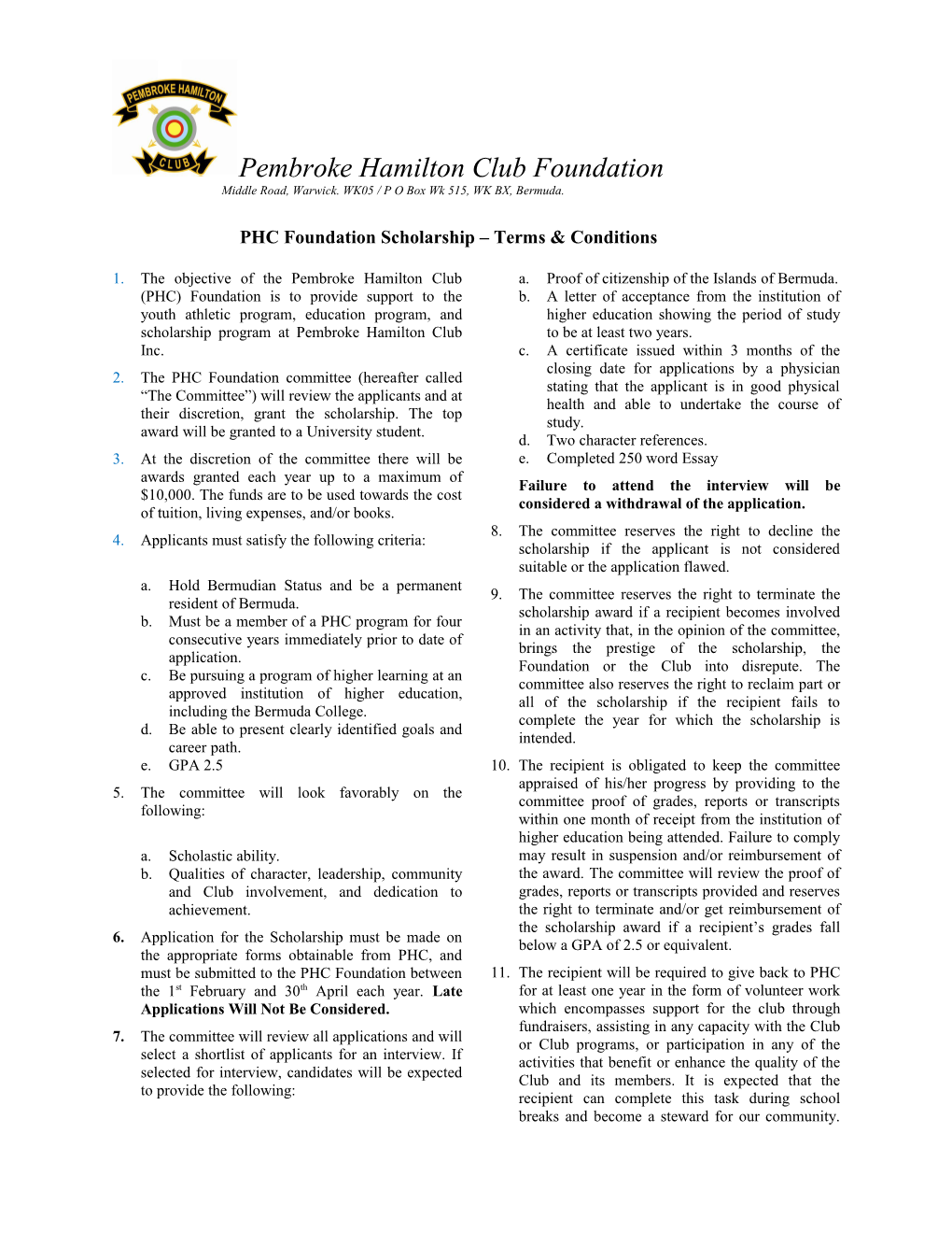 PHC Foundation Scholarship Terms & Conditions