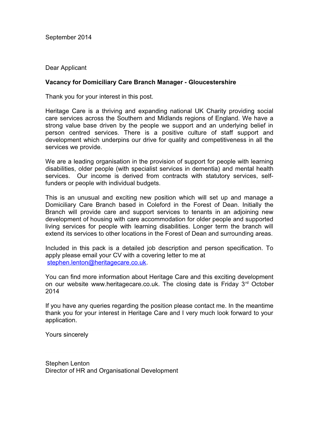 Vacancy for Domiciliary Care Branch Manager - Gloucestershire