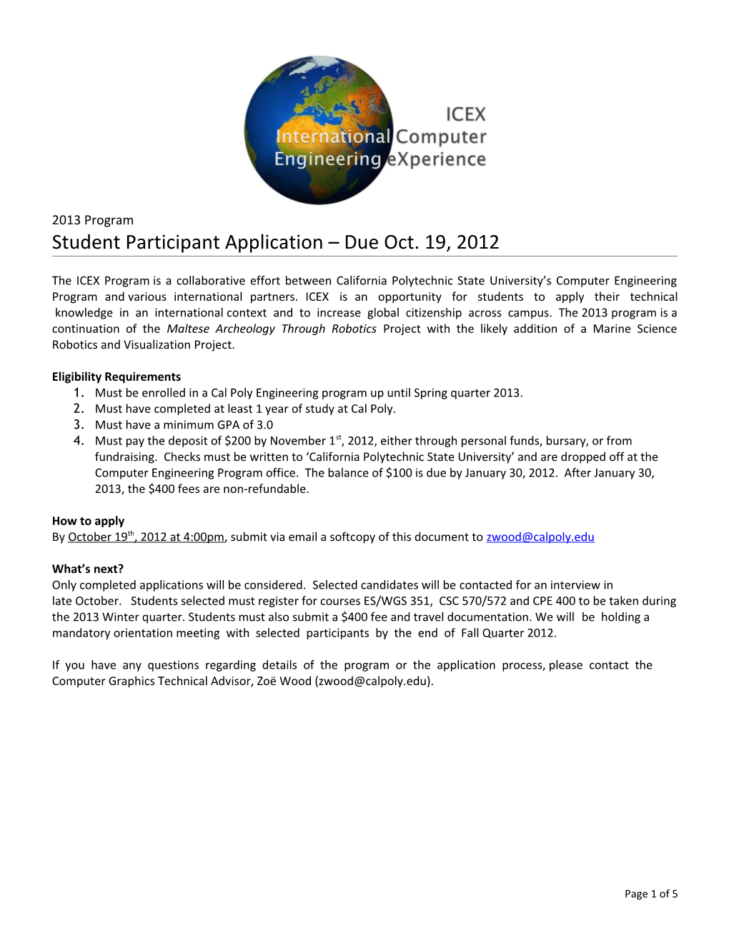 Student Participant Application Due Oct. 19, 2012