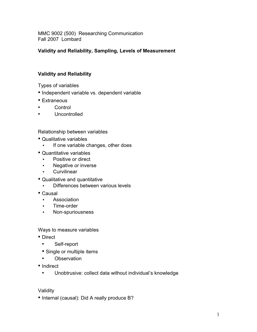 Validity and Reliability, Sampling, Levels of Measurement