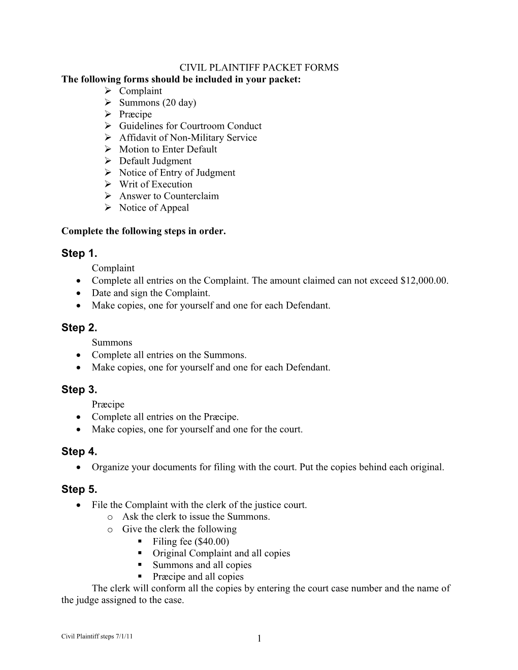 Civil Plaintiff Packet Forms