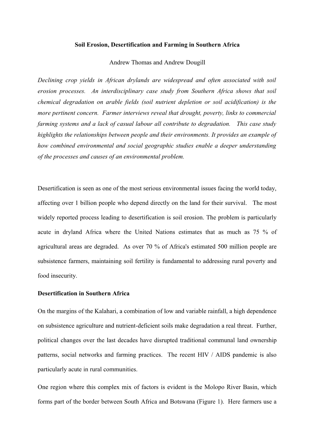 Soil Erosion, Desertification and Farming in Southern Africa