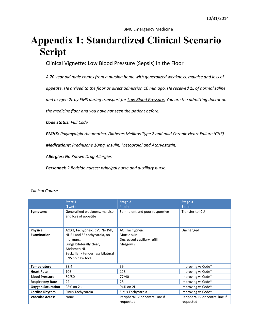 Appendix 1: Standardized Clinical Scenario Script