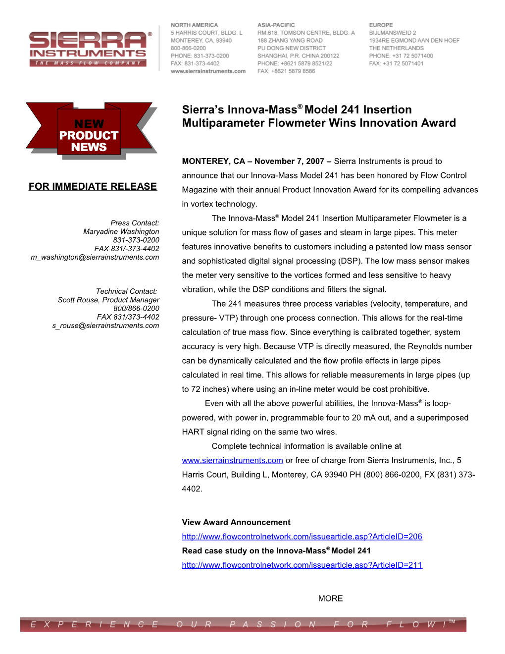 Sierra Sinnova-Mass Model 241 Insertion Multiparameterflowmeter Wins Innovation Award