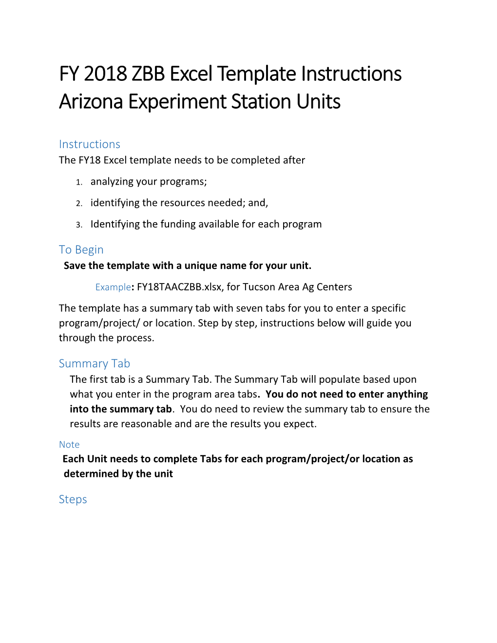 FY 2018 ZBB Excel Template Instructionsarizona Experiment Station Units