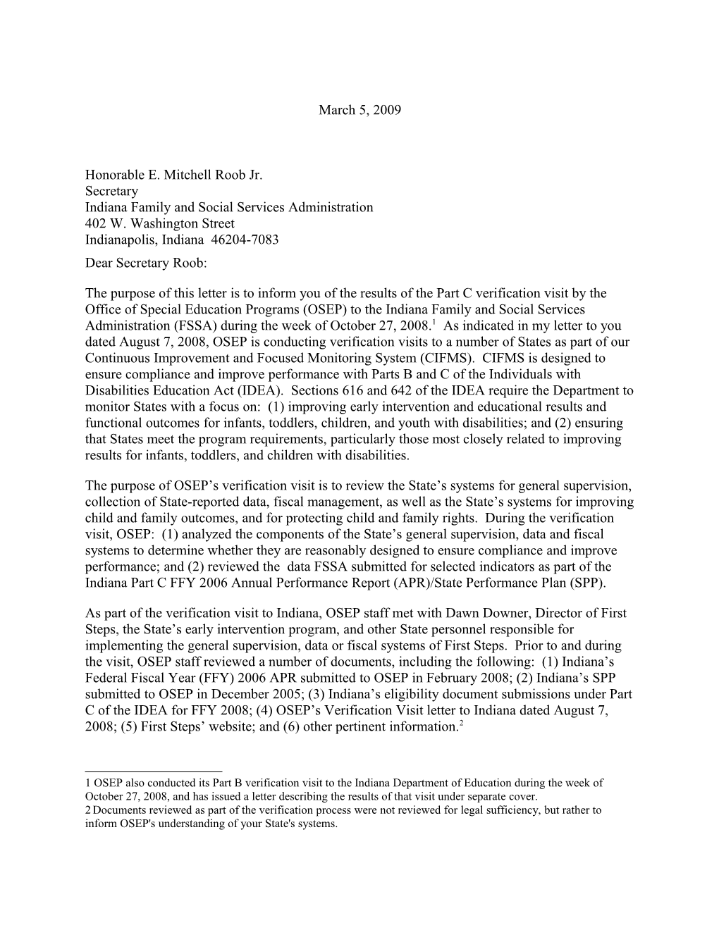 Indiana 2008 Part C Verification Visit Letter for Grant Year 2006-2007 (MSWORD)