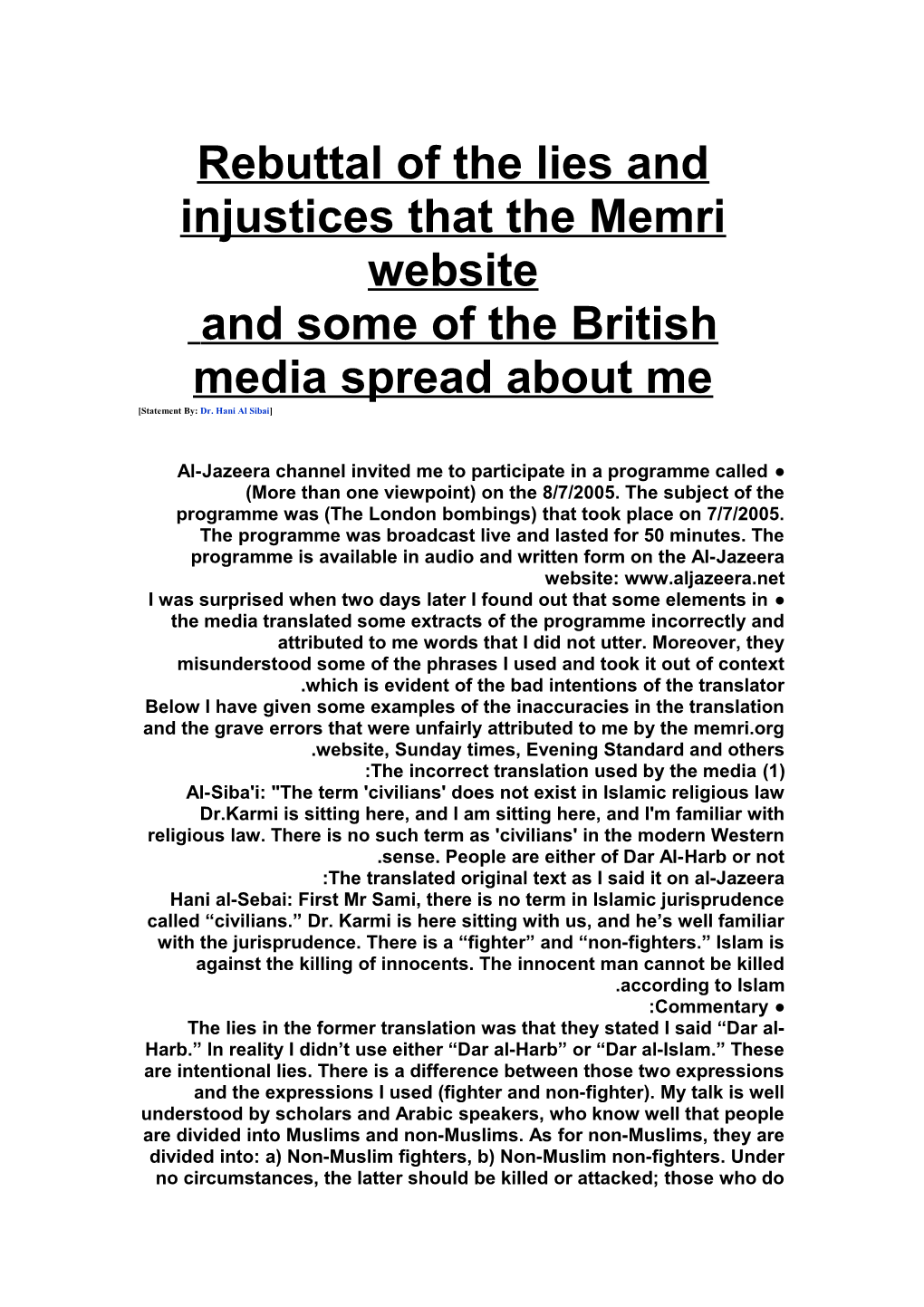 Rebuttal of the Lies and Injustices That the Memri Website