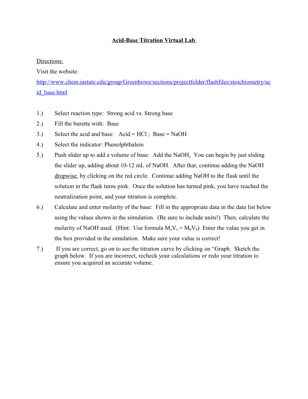 Acid-Base Titration Virtual Lab: Due Wednesday