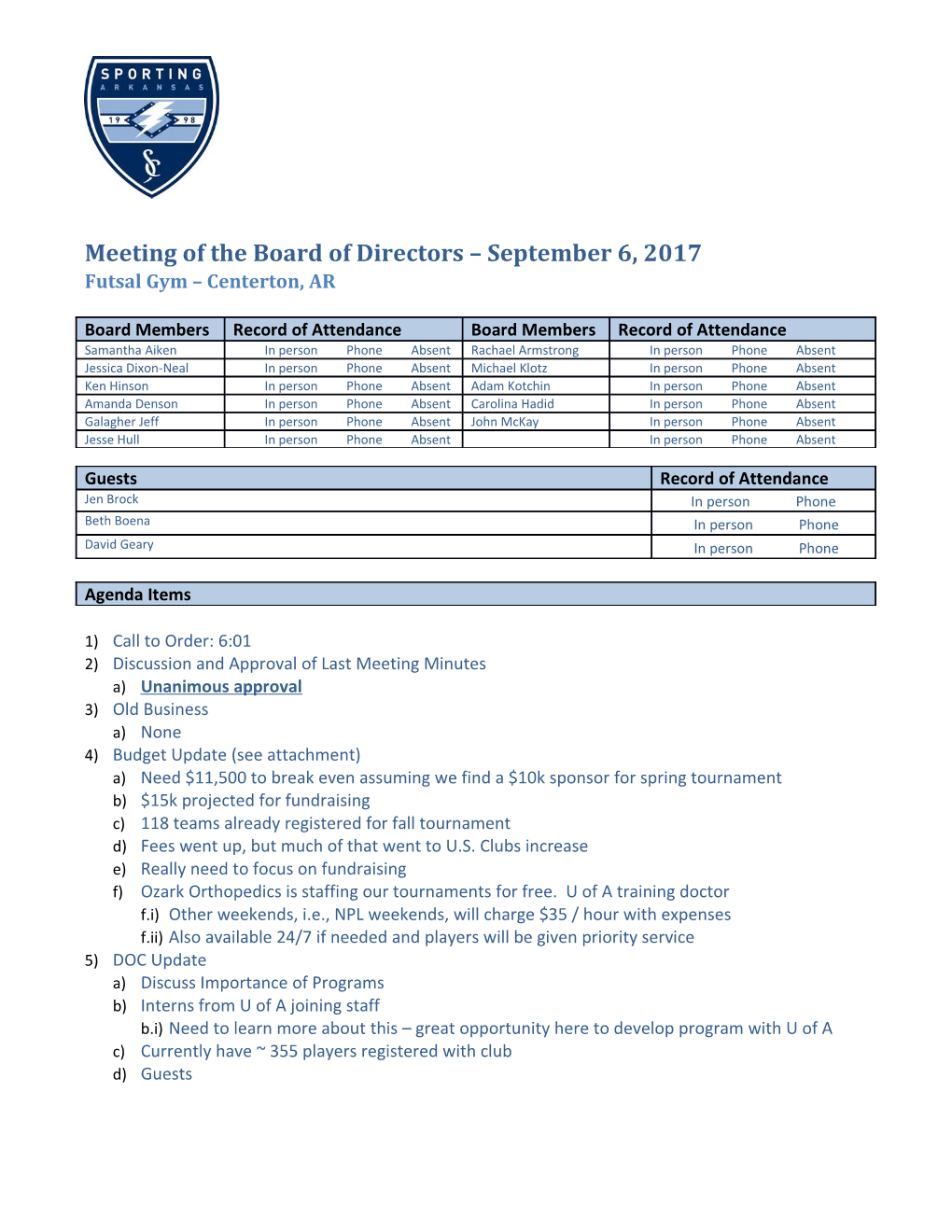 Meeting of the Board of Directors September 6, 2017