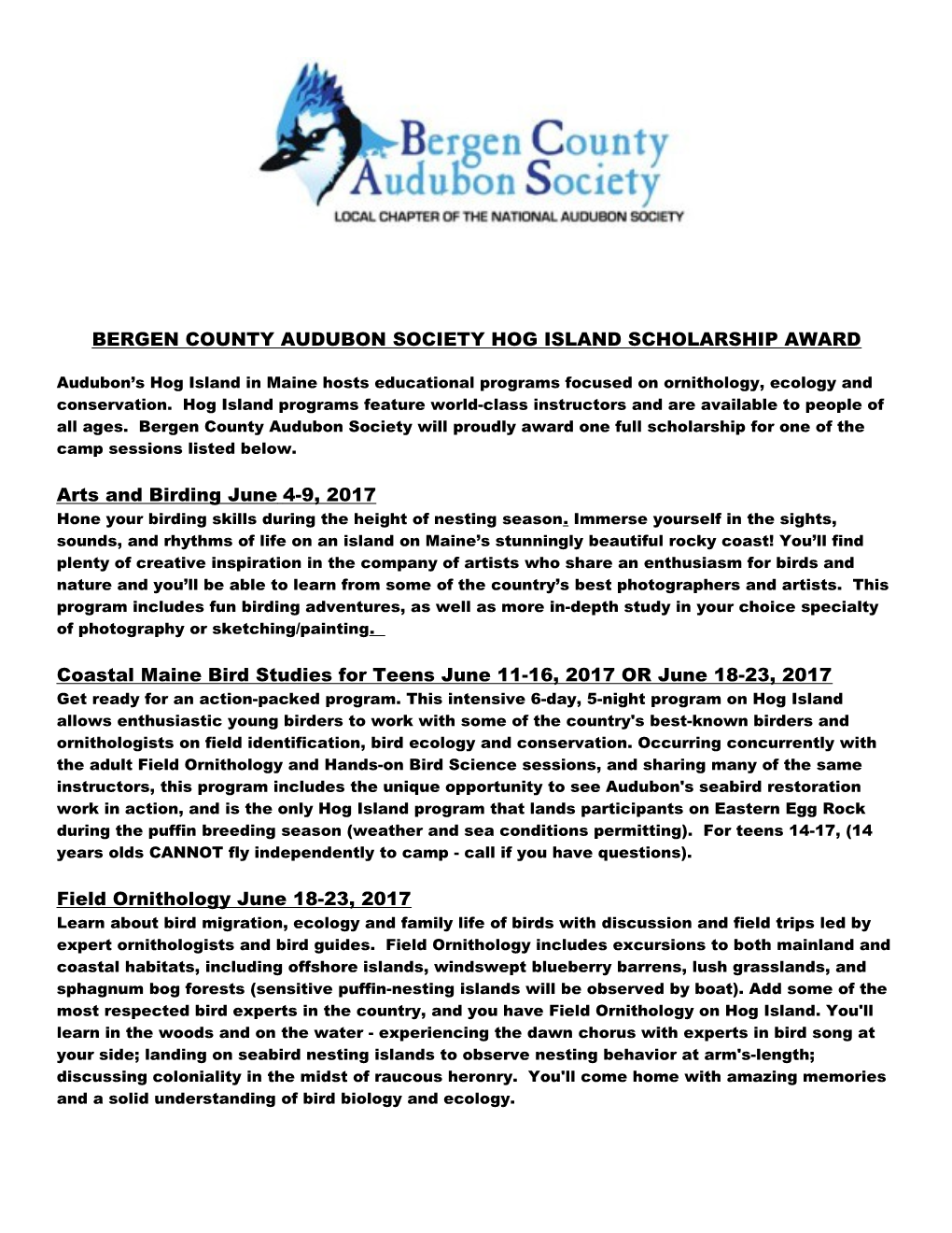 Bergen County Audubon Societyhog Island Scholarship Award