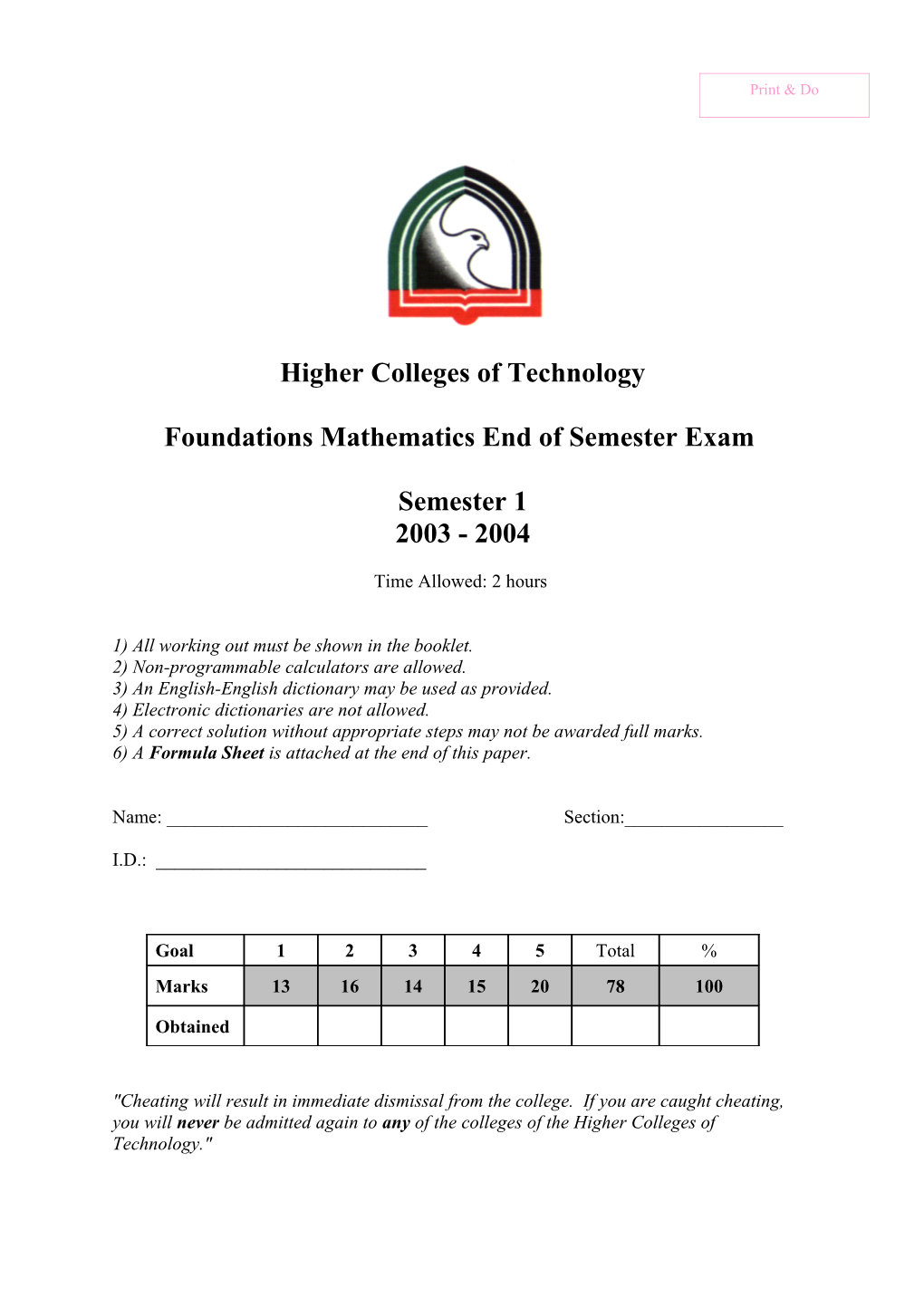 Foundations Mathematics End of Semester Exam